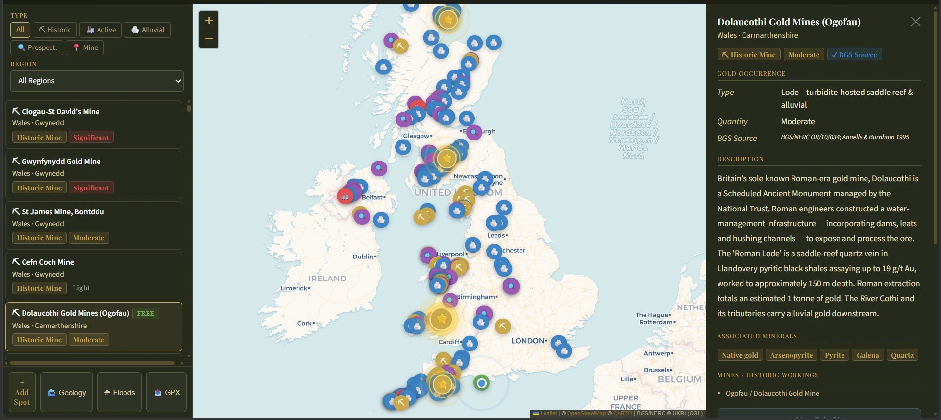 UK Gold Prospector map showing 211 verified gold panning and prospecting locations across Britain — alluvial rivers, historic mines and BGS prospective zones