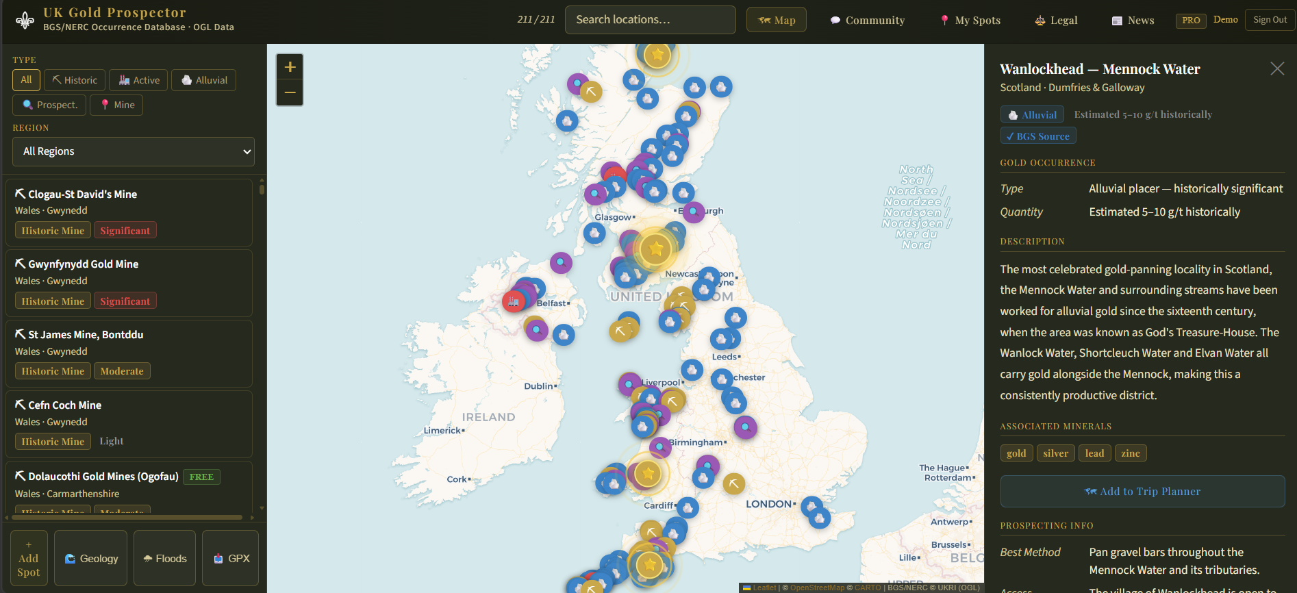 UK Gold Prospector map showing 211 gold locations across England, Scotland, Wales and Northern Ireland