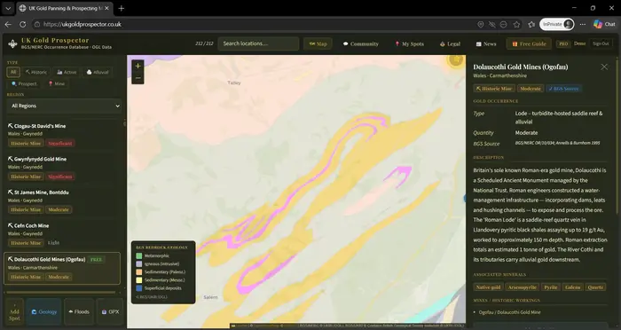 Geology overlay on the UK Gold Prospector map