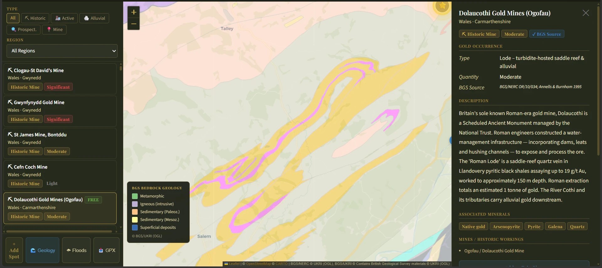 UK Gold Prospector geology overlay showing BGS bedrock geology with location detail panel for Clogau-St David's Mine