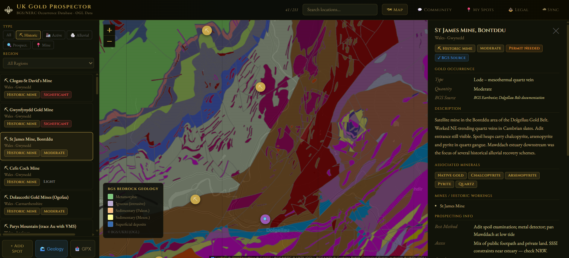 UK Gold Prospector geology overlay showing BGS bedrock geology with location detail panel for Clogau-St David's Mine