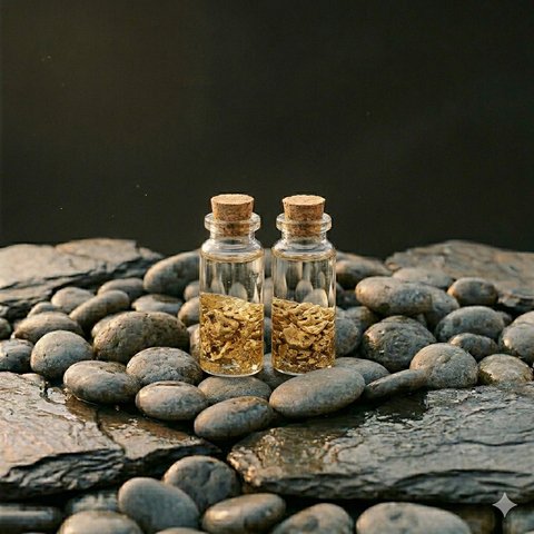 Glass vials holding gold flakes