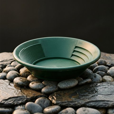 A green gold-panning pan with riffles