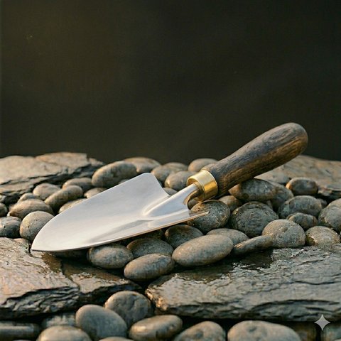 A stainless-steel garden hand trowel