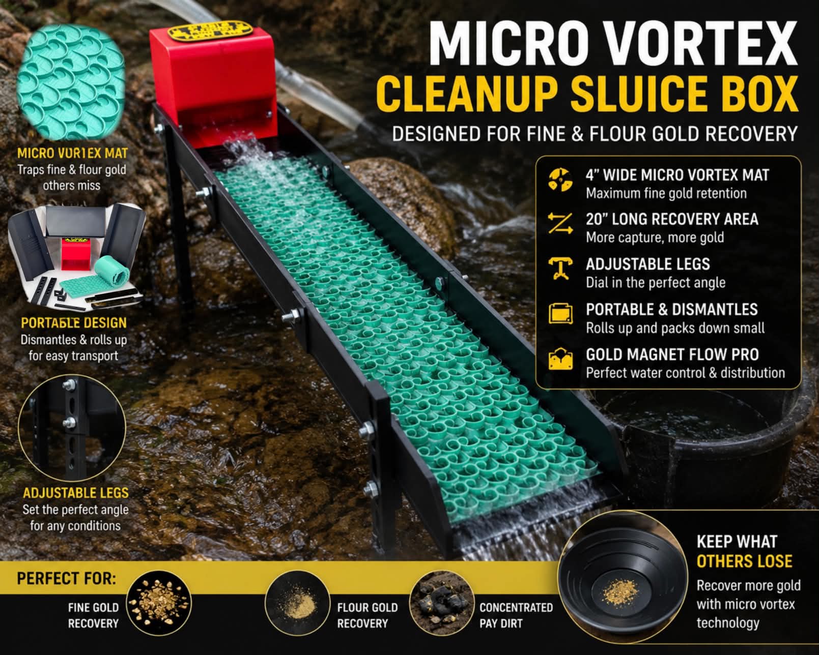 Gold Magnet 4 inch Micro Vortex cleanup sluice box in a stream