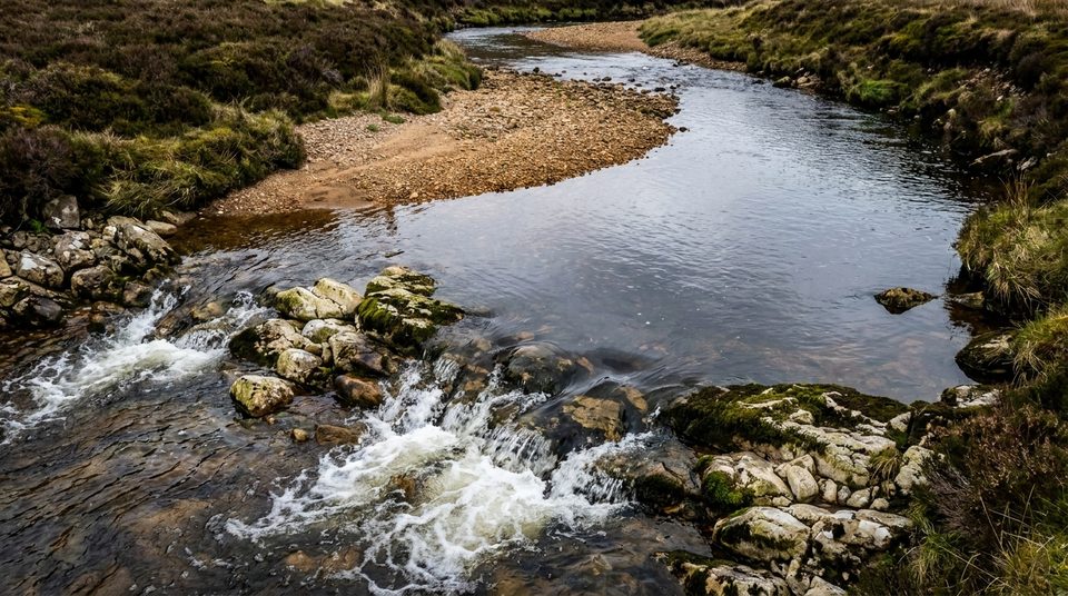 Gravel bar and riffle on a small upland river — typical of the Sperrin gold burns.