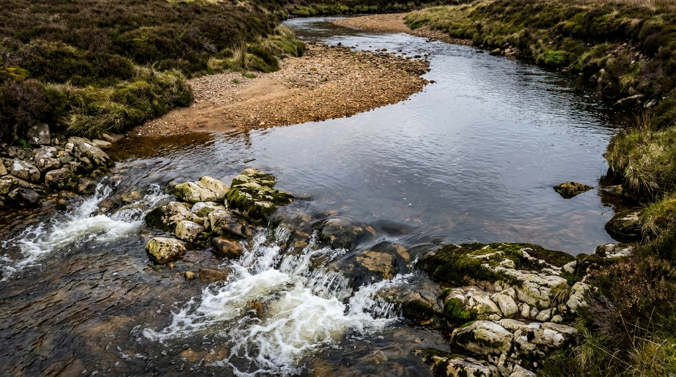 Profile view of a UK gravel bar showing head, middle and tail zones, with an adjacent riffle and the line where gold collects between stones.