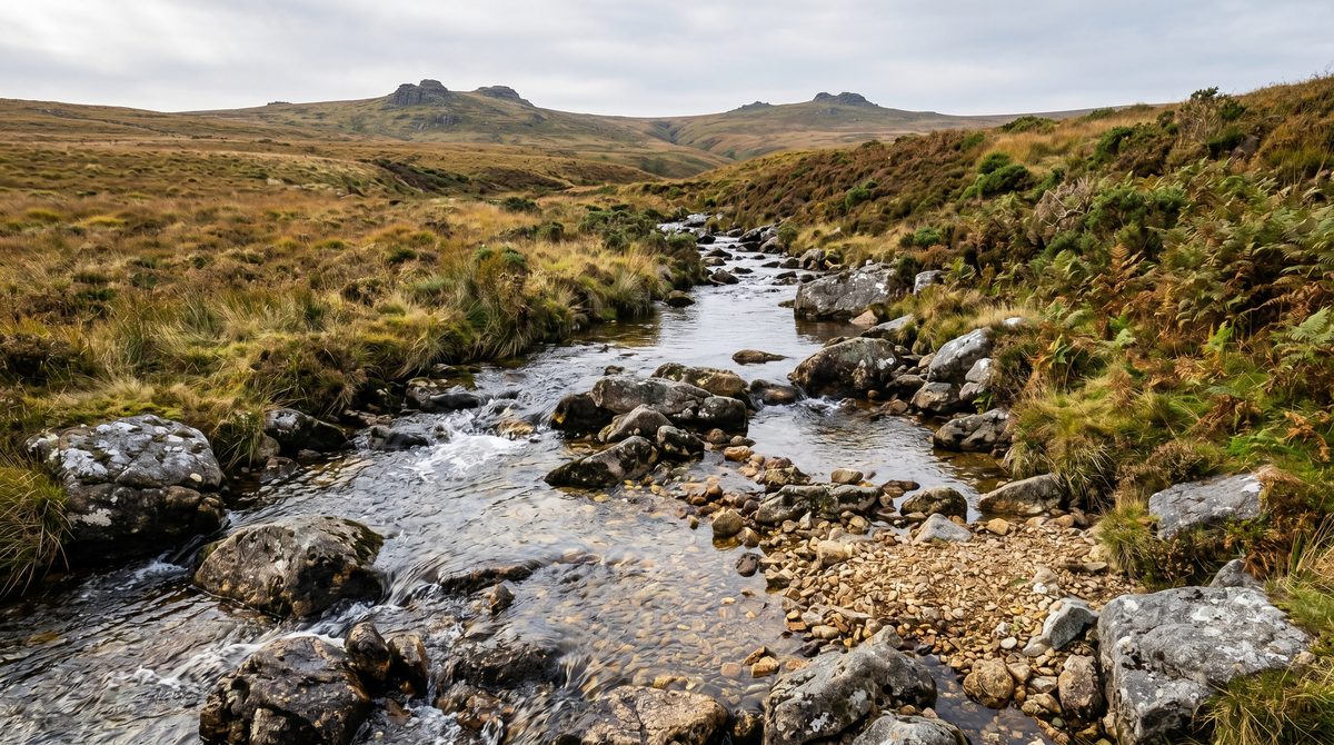 A Dartmoor moorland stream with gravel beds and granite tors beyond — the kind of Devon river that carries fine alluvial gold.