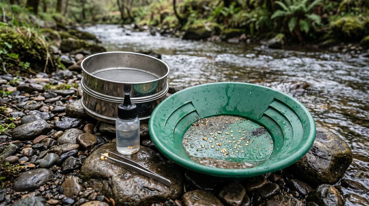 UK gold prospecting equipment — a gold pan, classifier sieve and snuffer bottle laid out, the kit that actually recovers British river gold.