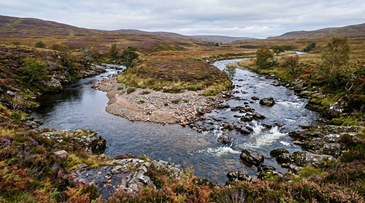 Inside bend and gravel bar of a UK river — where slower flow drops the heaviest material, including gold.