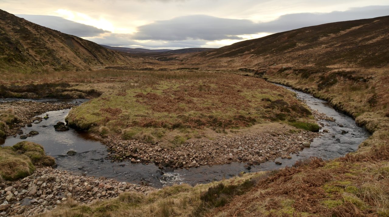 A meander bend on the Kildonan Burn in Sutherland — gravel bars on the inside bend, classic gold-trapping ground.