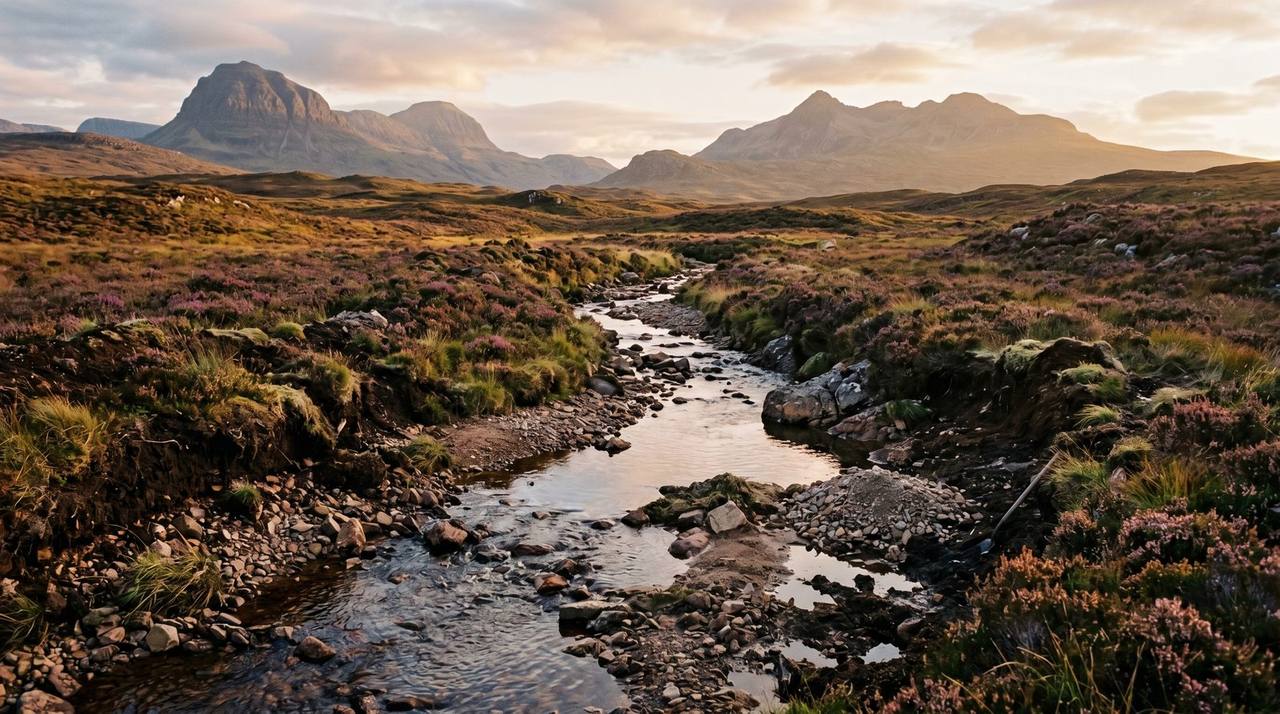 A Sutherland burn at low water — the country that sparked Britain's only true gold rush in 1868–69.