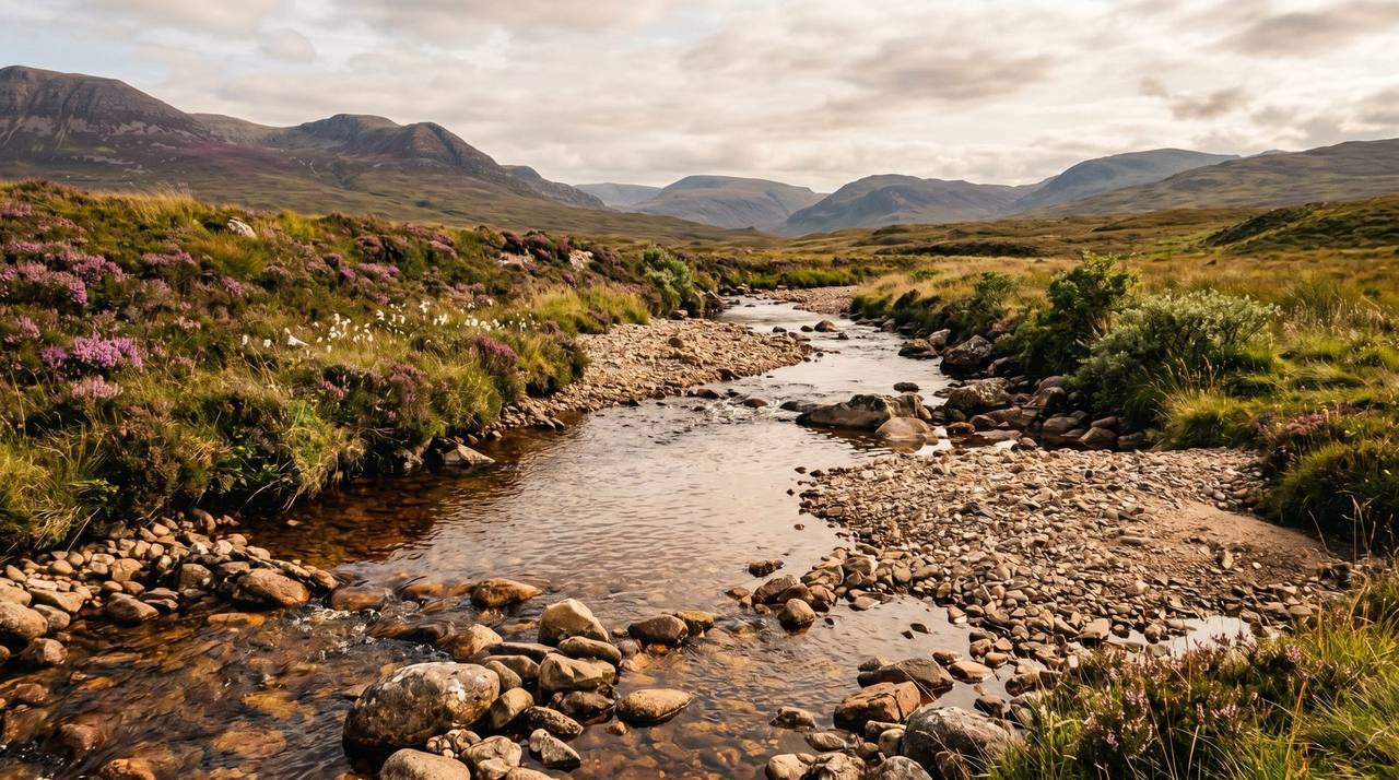 Highland river running through a Sutherland glen at low summer water — the country of the 1868 gold rush.