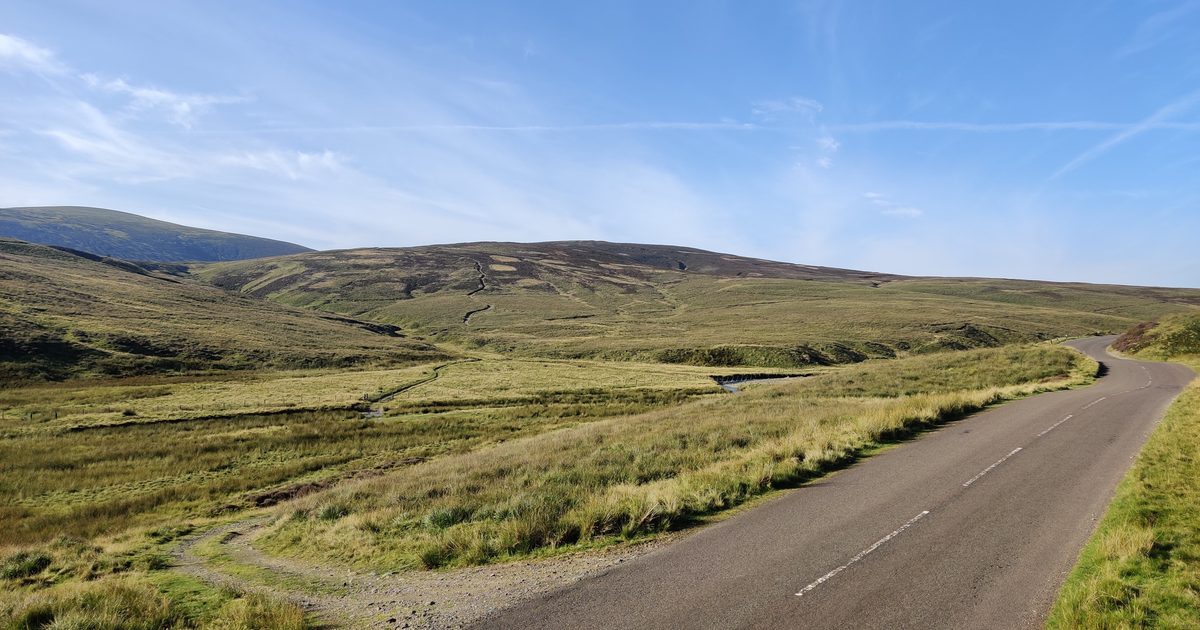 The road through the Lowther Hills at Leadhills, southern Scotland.