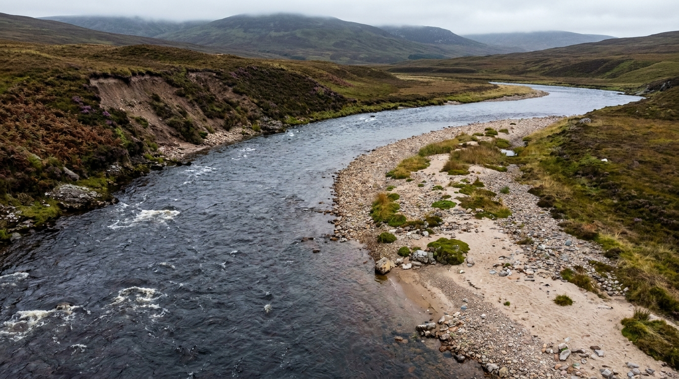 Plan view of a river meander showing fast water cutting the outside bank and slack water depositing gold on the inside point bar.