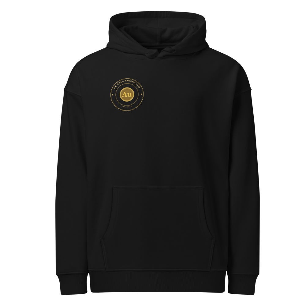 UK Gold Prospector black organic hoodie — front with gold prospector crest on the chest