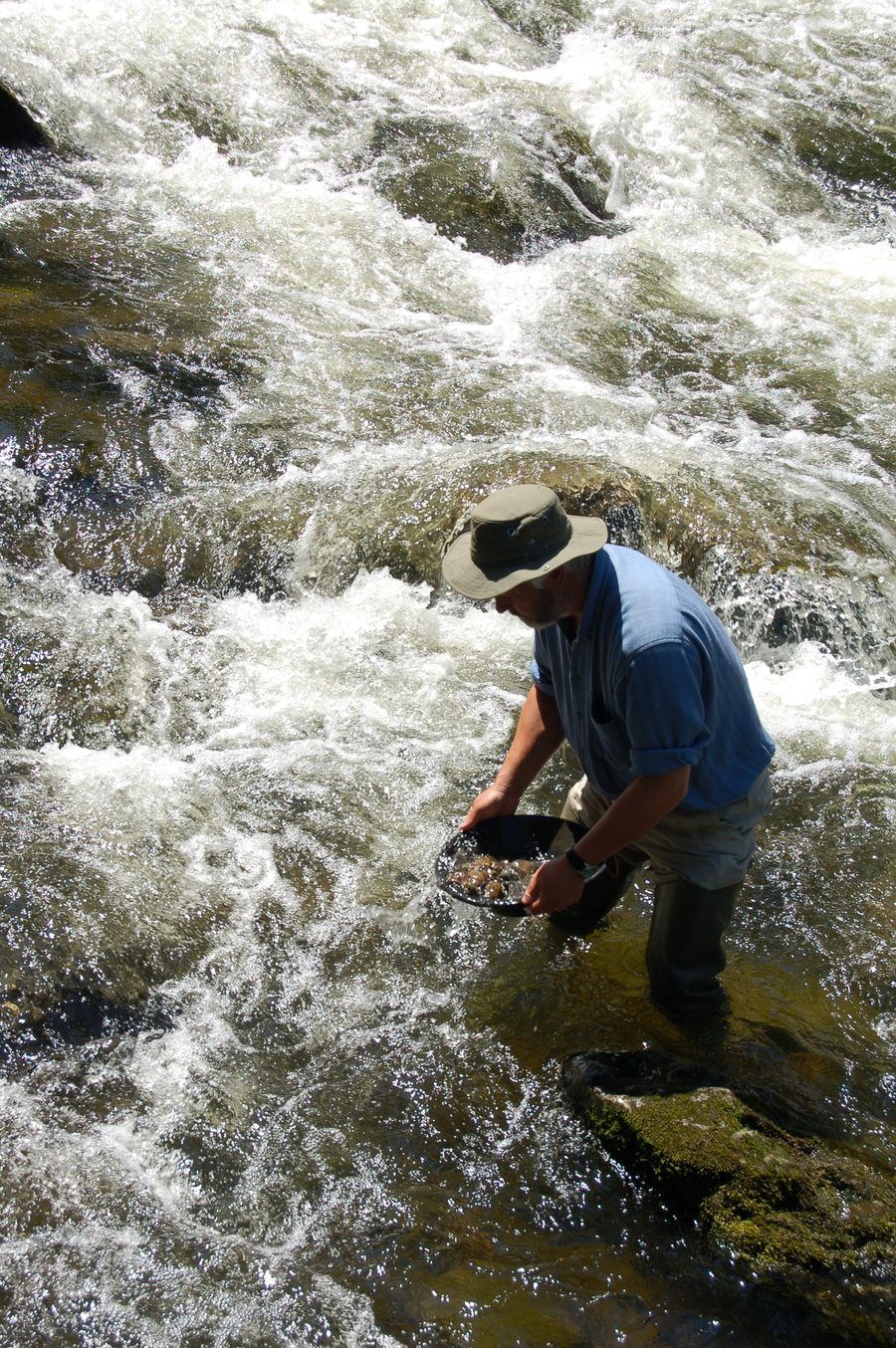 Vincent Thurkettle in a hat, panning in the shallows beside white-water rapids.