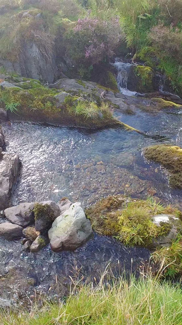 A small waterfall feeding a rocky burn